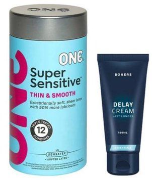 Набір з ONE Super Sensitive Pack 12 шт + Пролонгатор Boners Delay Cream 100 мл SOS9420 фото
