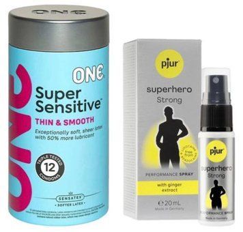 Набір з ONE Super Sensitive Pack 12 шт + Пролонгатор pjur Superhero Strong Spray 20 ml SOS9415 фото