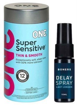 Набір з ONE Super Sensitive Pack 12 шт + Пролонгатор Boners Delay Spray 15 мл SOS9412 фото