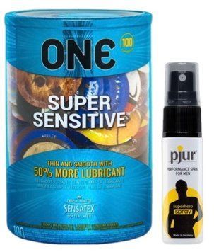Набір з ONE Super Sensitive 100 шт + Пролонгатор pjur Superhero Spray 20 мл SOS9512 фото