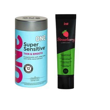 ONE Super Sensitive Pack 12 шт.+ Лубрикант на водній основі Intt Strawberry (100 мл) SOS6493 фото