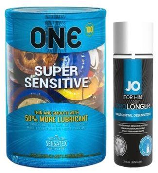 Набір з ONE Super Sensitive 100 шт + Пролонгатор System JO Prolonger Spray with Benzocaine (60 мл) SOS9511 фото