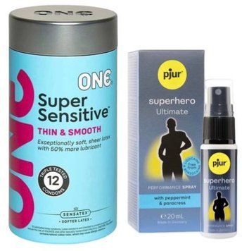 Набір з ONE Super Sensitive Pack 12 шт + Пролонгатор pjur Superhero Ultimate Spray 20 мл SOS9411 фото