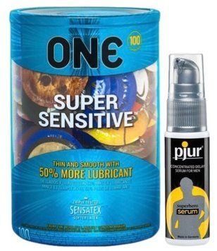 Набір з ONE Super Sensitive 100 шт + Пролонгатор pjur Superhero Serum 20 мл SOS9509 фото