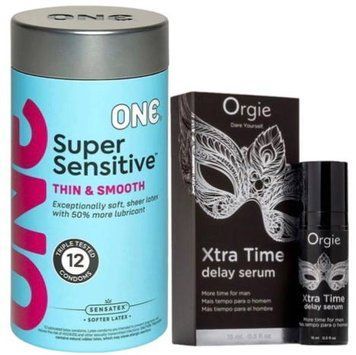 Набір з ONE Super Sensitive Pack 12 шт + Пролонгатор Orgie Xtra Time Delay Serum, 15 мл SOS9407 фото