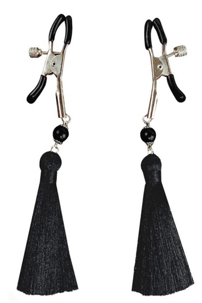 Винтовые зажимы для сосков с кисточками Art of Sex Nipple Clamps Black Tassels, черные SO5856 фото