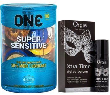 Набір з ONE Super Sensitive 100 шт + Пролонгатор Orgie Xtra Time Delay Serum, 15 мл SOS9503 фото