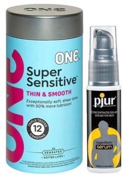 Набір з ONE Super Sensitive Pack 12 шт + Пролонгатор pjur Superhero Serum 20 мл SOS9401 фото