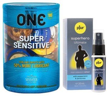 Набір з ONE Super Sensitive 100 шт + Пролонгатор pjur Superhero Ultimate Spray 20 мл SOS9499 фото