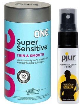 Набір з ONE Super Sensitive Pack 12 шт + Пролонгатор pjur Superhero Spray 20 мл SOS9398 фото