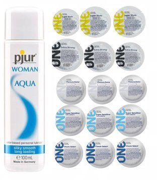 Набір One 15 шт - Studs , Sensitive , Strong , Dome , Classic та Лубрикант Pjur Woman Aqua 100 ml SOS243 фото