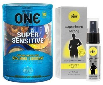 Набір з ONE Super Sensitive 100 шт + Пролонгатор pjur Superhero Strong Spray 20 ml SOS9495 фото