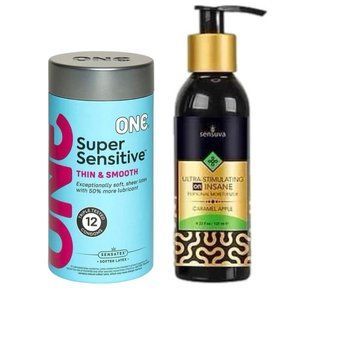 ONE Super Sensitive Pack 12 шт.+ Збуджувальна змазка на гібридній основі Sensuva - Ultra-Stimulating On Insane Caramel Apple (125 мл) SOS6524 фото