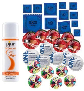 Комплект 30 шт One Extreme Ribs, Classic, Flavor Waves та EXS Cooling - Лубрикант pjur Woman Vegan (30 мл) SOS3407 фото
