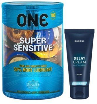 Набір з ONE Super Sensitive 100 шт + Пролонгатор Boners Delay Cream 100 мл SOS9490 фото