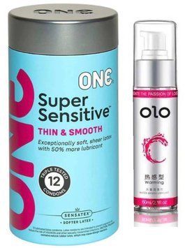 Комплект ONE Super Sensitive (12 шт) - Лубрикант зігріваючий OLO 60 мл SOS3294 фото