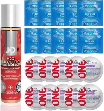Набор 20 шт Pasante Ribbed и ONE Tattoo Touch + System JO H2O - Watermelon (30 мл) SOS4905 фото