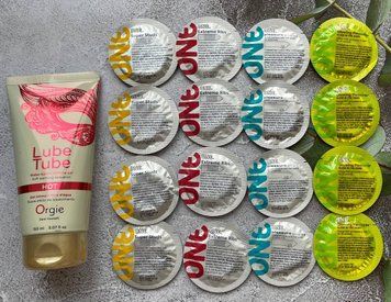 Комплект 16 шт ONE Super Studs, Extreme Ribs, Pleasure Plus, Glowing Pleasures + лубрикант LUBE TUBE HOT, 150 мл ORGIE SOS2419 фото