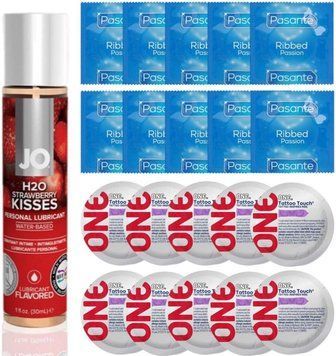 Набор 20 шт Pasante Ribbed и ONE Tattoo Touch + System JO H2O &mdash; Strawberry Kiss (30 мл) SOS4904 фото